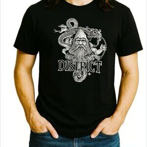 Gildan Mens District Black Graphic T-Shirt Wizard Snake Illustration Top Large